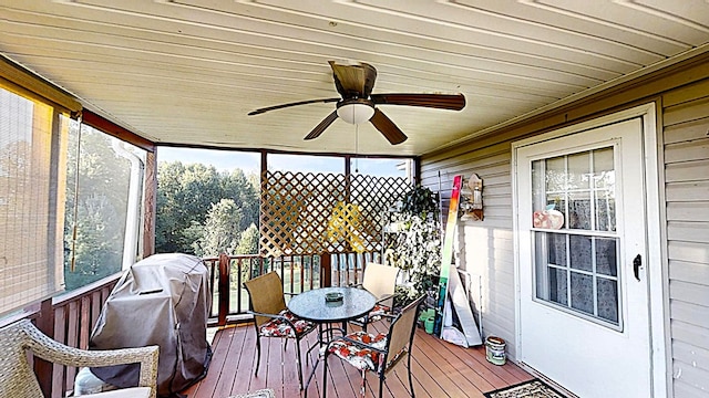 sunroom / solarium featuring wooden ceiling and a ceiling fan