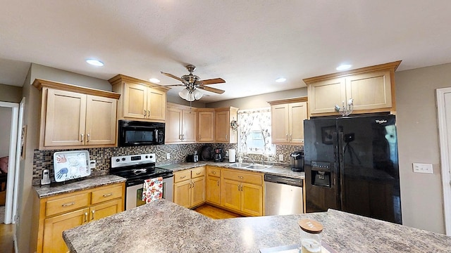 kitchen with decorative backsplash, a ceiling fan, black appliances, light brown cabinets, and a sink