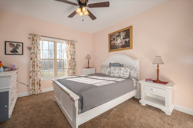 bedroom featuring carpet floors, ceiling fan, and baseboards