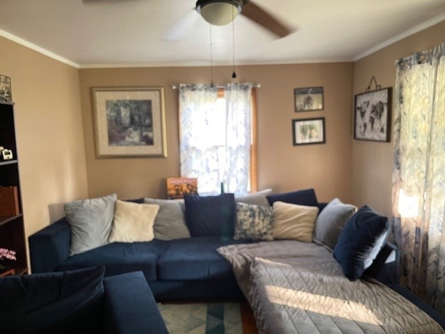 living room featuring ceiling fan and ornamental molding