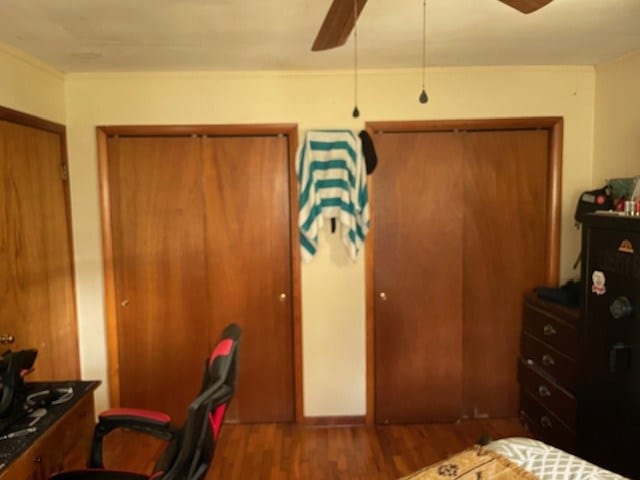 bedroom with dark wood-style floors, ceiling fan, and multiple closets