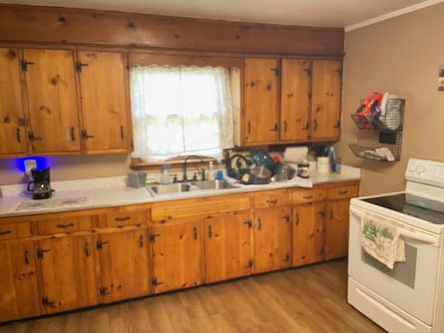 kitchen featuring a sink, electric stove, light wood finished floors, and light countertops