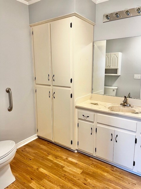 bathroom featuring crown molding, toilet, vanity, wood finished floors, and baseboards