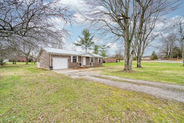 view of front facade featuring an attached garage, brick siding, concrete driveway, and a front yard