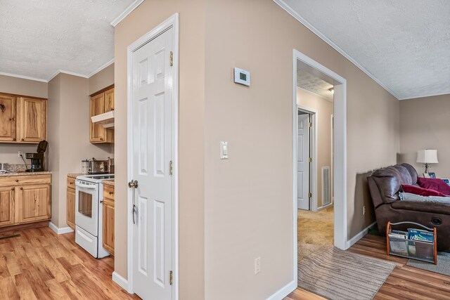 kitchen with open floor plan, electric stove, ornamental molding, and under cabinet range hood