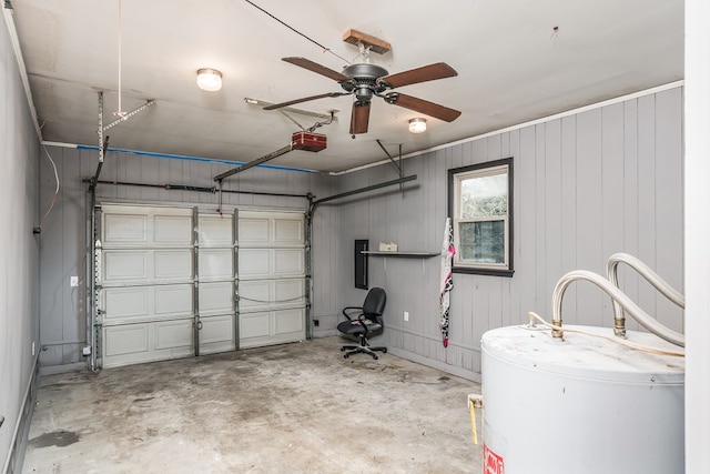 garage with ceiling fan, water heater, and a garage door opener