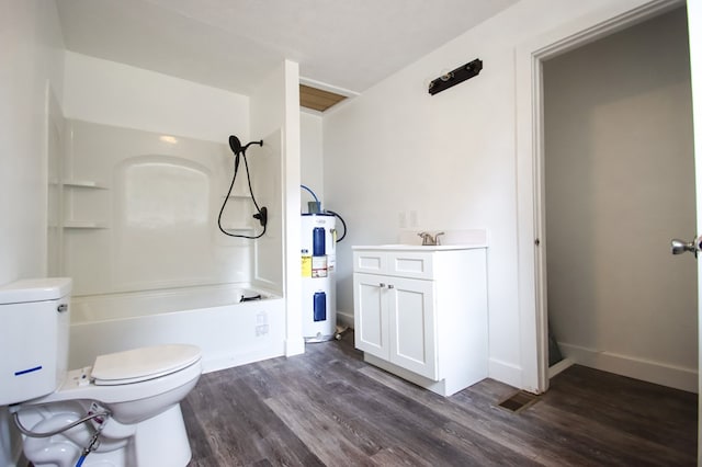 full bath with shower / bath combination, toilet, electric water heater, vanity, and wood finished floors