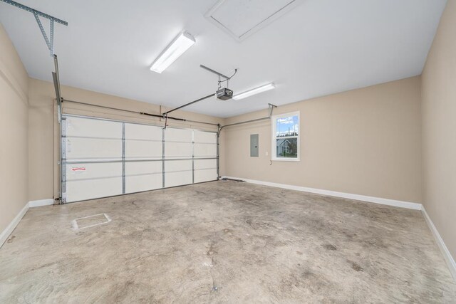 garage with electric panel, baseboards, and a garage door opener