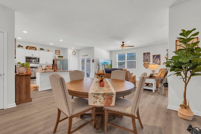 dining area with recessed lighting, ceiling fan, and light wood-style flooring