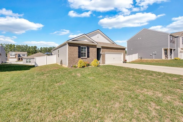 ranch-style house featuring a front yard, concrete driveway, brick siding, and fence