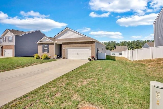 single story home featuring a garage, brick siding, fence, concrete driveway, and a front yard