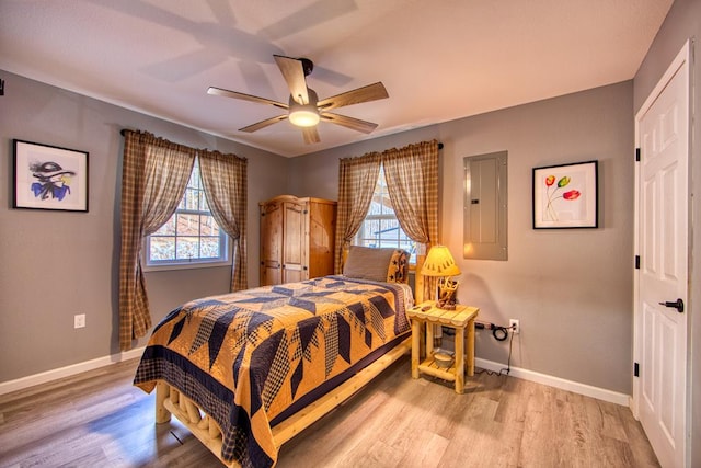 bedroom featuring a ceiling fan, electric panel, baseboards, and wood finished floors