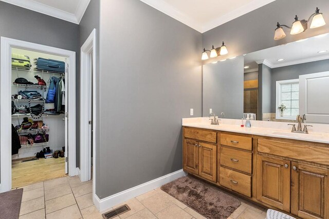 full bathroom featuring a shower stall, a spacious closet, visible vents, and tile patterned floors