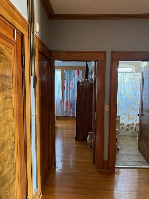 hall with light wood finished floors and ornamental molding