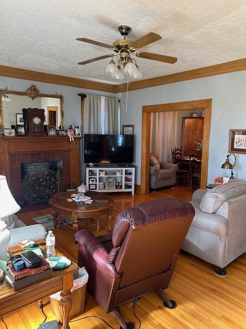 living area with ornamental molding, a textured ceiling, and light wood finished floors