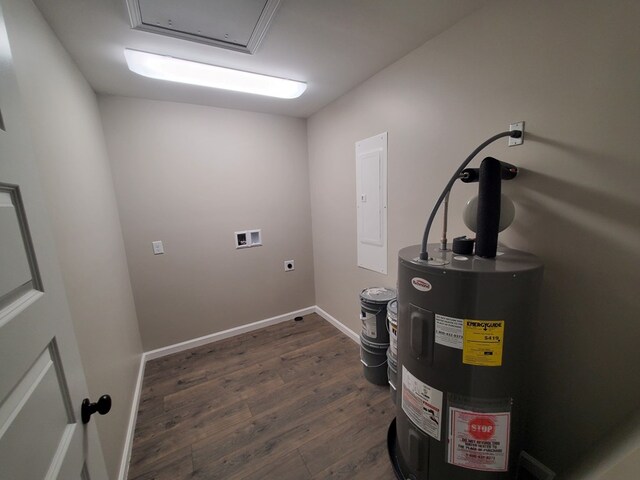 laundry room with hookup for a washing machine, electric water heater, laundry area, dark wood-style flooring, and electric dryer hookup