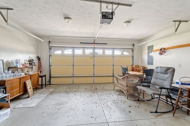 garage with electric panel and a garage door opener