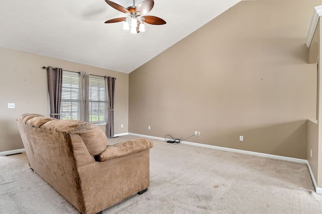 living area with lofted ceiling, baseboards, visible vents, and light colored carpet