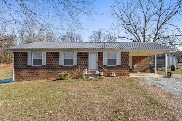 single story home with crawl space, brick siding, driveway, and metal roof