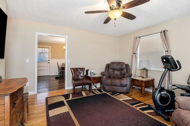 workout area featuring light wood-style floors, baseboards, and a ceiling fan