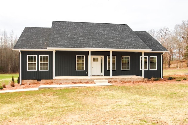 view of front of house with a porch, crawl space, roof with shingles, and a front lawn