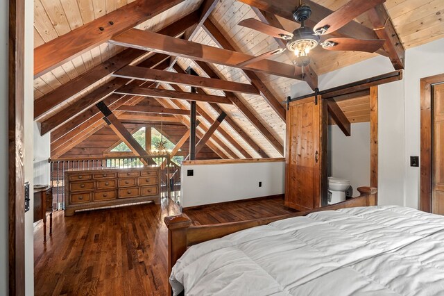 bedroom with vaulted ceiling with beams, wood ceiling, and dark wood finished floors