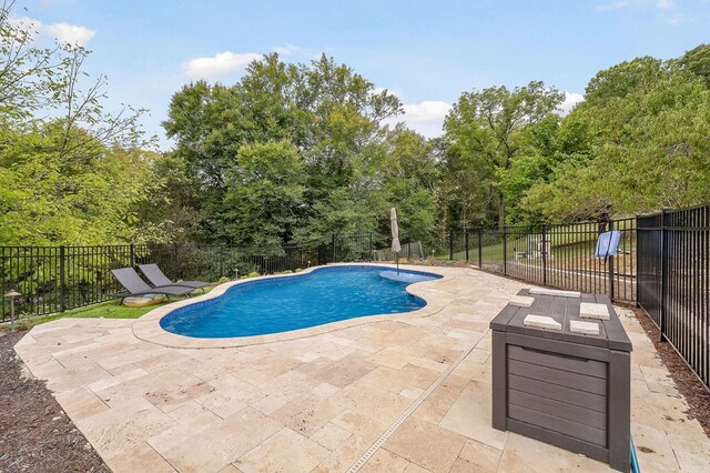 view of swimming pool with a patio, fence, and a fenced in pool