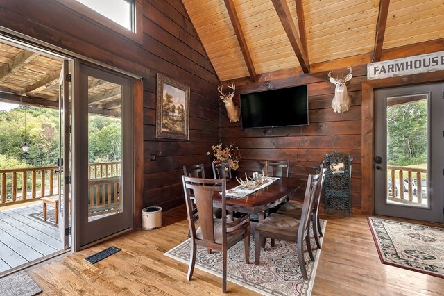 dining room featuring vaulted ceiling with beams, wood ceiling, wooden walls, and visible vents