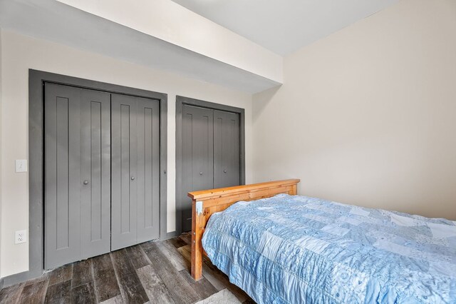 bedroom featuring dark wood-type flooring and multiple closets