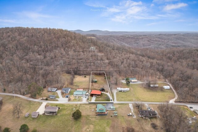 birds eye view of property featuring a wooded view