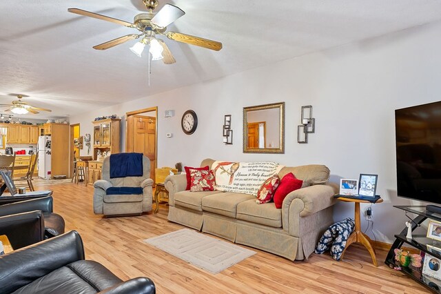 living room featuring a textured ceiling, baseboards, a ceiling fan, and light wood-style floors