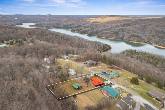 birds eye view of property with a water view and a forest view