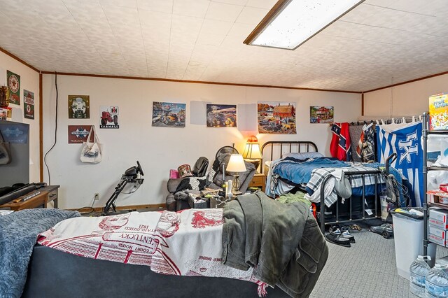 bedroom featuring carpet and crown molding