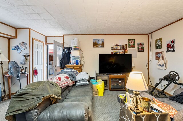 living area featuring carpet floors and crown molding