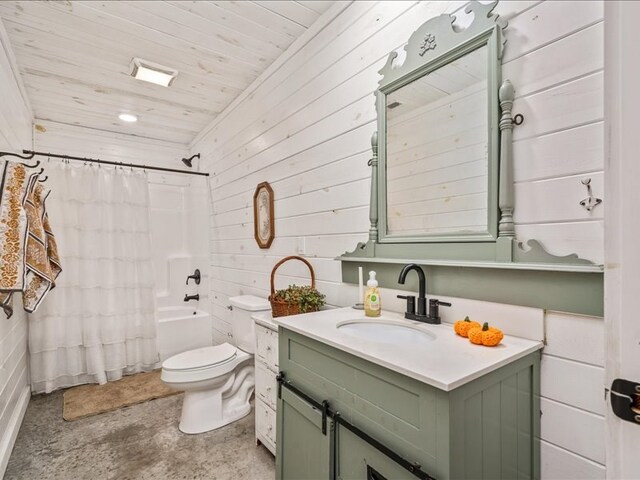 bathroom featuring shower / bath combo, toilet, wooden ceiling, vanity, and concrete floors