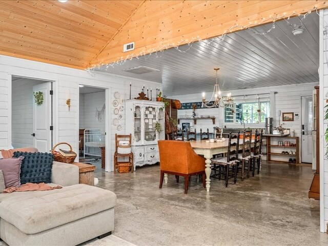 dining room with finished concrete flooring, lofted ceiling, visible vents, an inviting chandelier, and wood ceiling