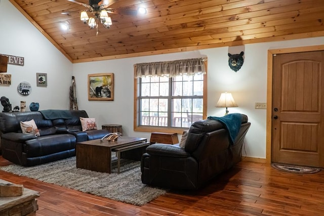 living room with wooden ceiling, ceiling fan, vaulted ceiling, and wood finished floors