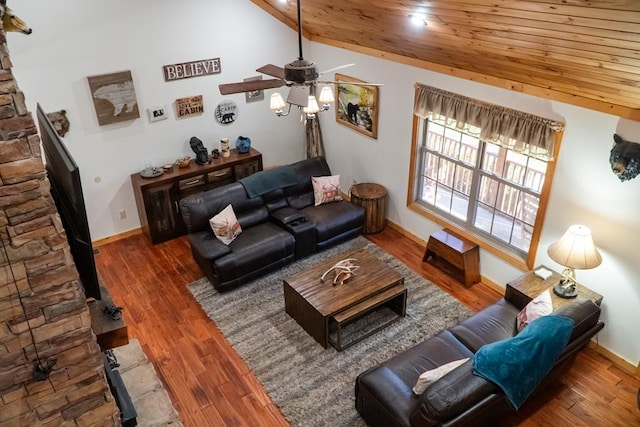 living area with wood ceiling, vaulted ceiling, baseboards, and wood finished floors