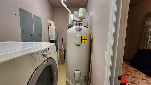 laundry room with washer / clothes dryer, water heater, electric panel, and laundry area