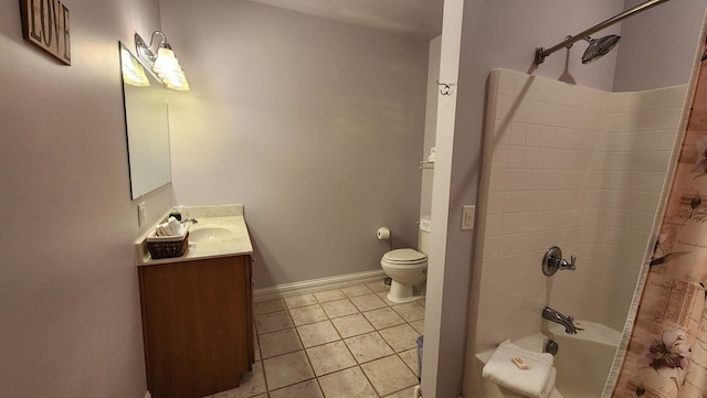 full bathroom with toilet, vanity, shower / tub combination, tile patterned flooring, and baseboards