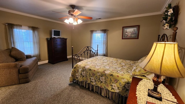 bedroom featuring carpet, visible vents, and crown molding