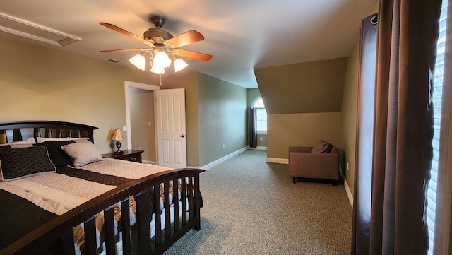 carpeted bedroom featuring a ceiling fan and baseboards