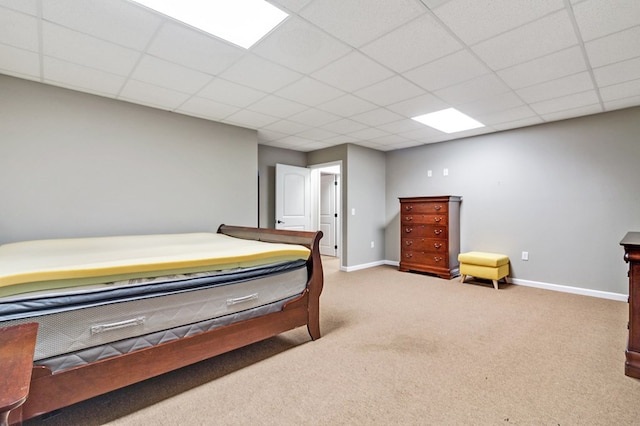 bedroom with a paneled ceiling, carpet, and baseboards