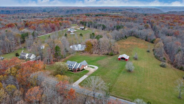 bird's eye view featuring a wooded view and a rural view