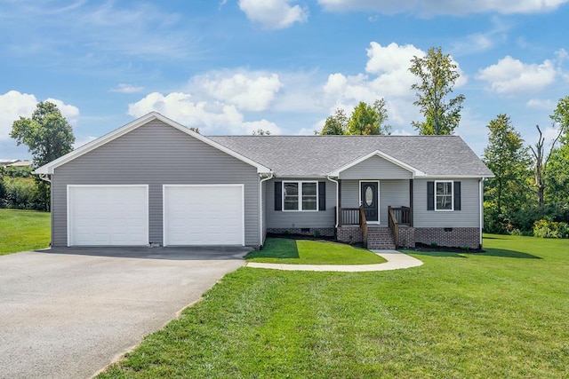 single story home featuring a front yard, crawl space, driveway, and an attached garage