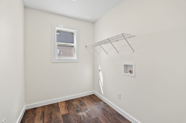 laundry room featuring laundry area, baseboards, hookup for a washing machine, and dark wood-style floors