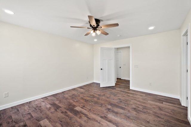 unfurnished bedroom with dark wood-style floors, ceiling fan, recessed lighting, and baseboards