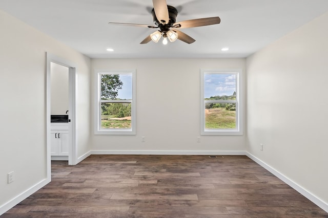 empty room with plenty of natural light, baseboards, and dark wood-type flooring