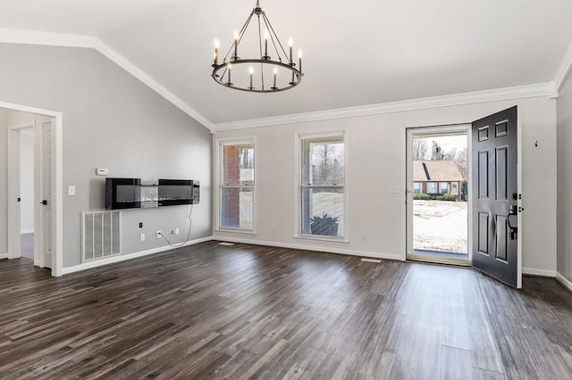 unfurnished living room featuring lofted ceiling, dark wood-style floors, visible vents, and ornamental molding