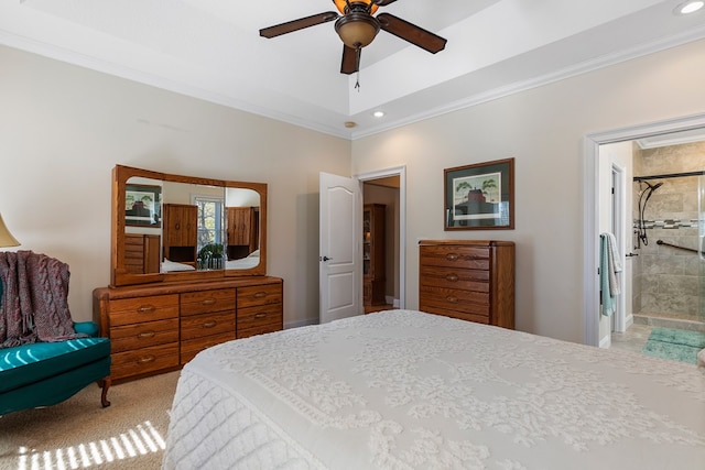 bedroom with recessed lighting, light colored carpet, ceiling fan, and crown molding